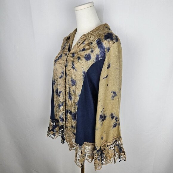 Parsley & Sage Small Button Tie Dye Boho Top Crochet Blue Tan Festival Bell Slv - Picture 3 of 11